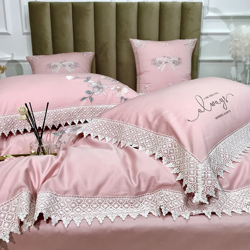 

New Pink White Green Luxury Flowers Butterfly Embroidery 100S Egyptian cotton Lace Bedding set Duvet Cover Bed Sheet Pillowcases