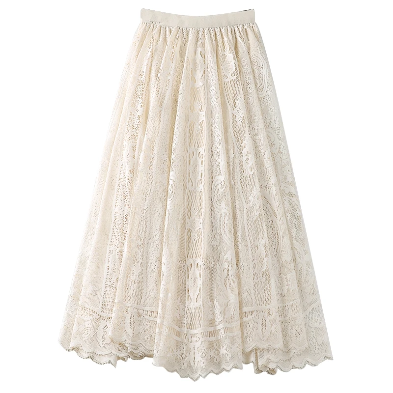 

Lace Elegant Skirt Womens High Waist Streetwear New A-line Long Skirt Black Summer Mid-calf Midi Jupe Longue Skirts Female