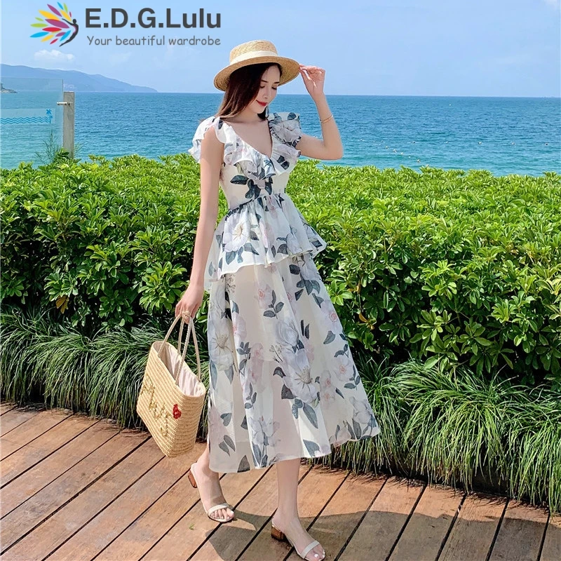 

EDGLuLu V-neck Ruffle Short Sleeve Vintage Floral Dress Casual Beach Bohemian Long Dress Vintage Printed Chiffon Dress 0604
