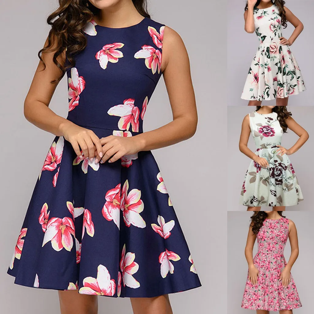 Женское Цветочное платье без рукавов белое элегантное с круглым вырезом и