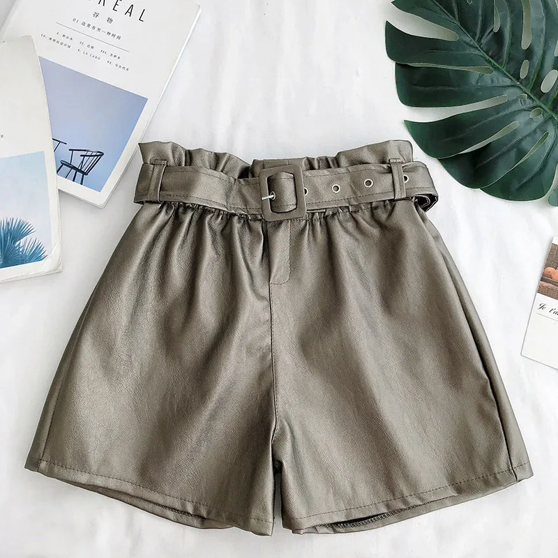 36C992Brown Повседневные шорты из искусственной кожи для женщин, шорты с высокой талией и поясом, свободные шорты осень зима, однотонные свободные шорты из искусственной кожи - Цвет: 36C992Brown