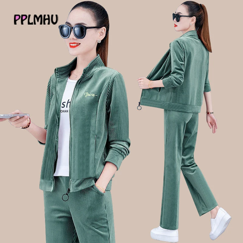 

Embroidery Zipper Stand Collar Sweatshirt Women Casual Jogging Tracksuit 3 Piece Outfit Solid Corduroy Top And Pant Autumn Sets