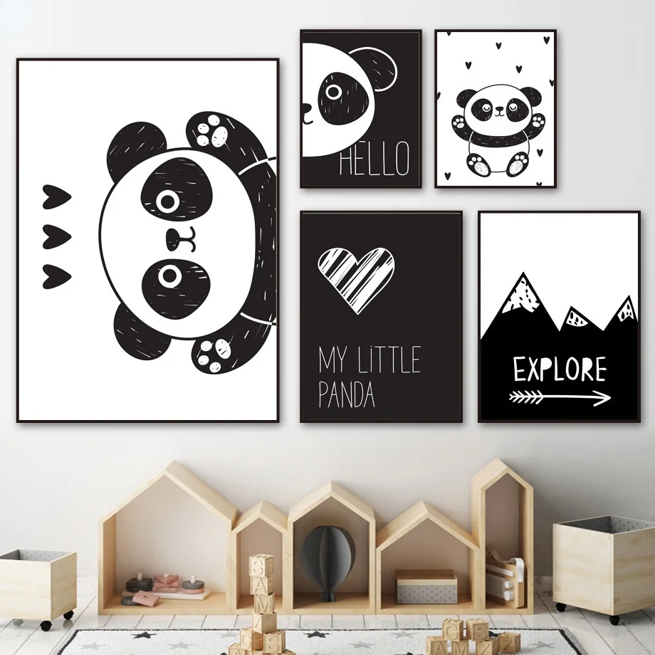 

Black White Hello Quote Cartoon Panda Canvas Painting Posters and Prints Wall Art Paintings for Nursery Baby Kids Bedroom Decor