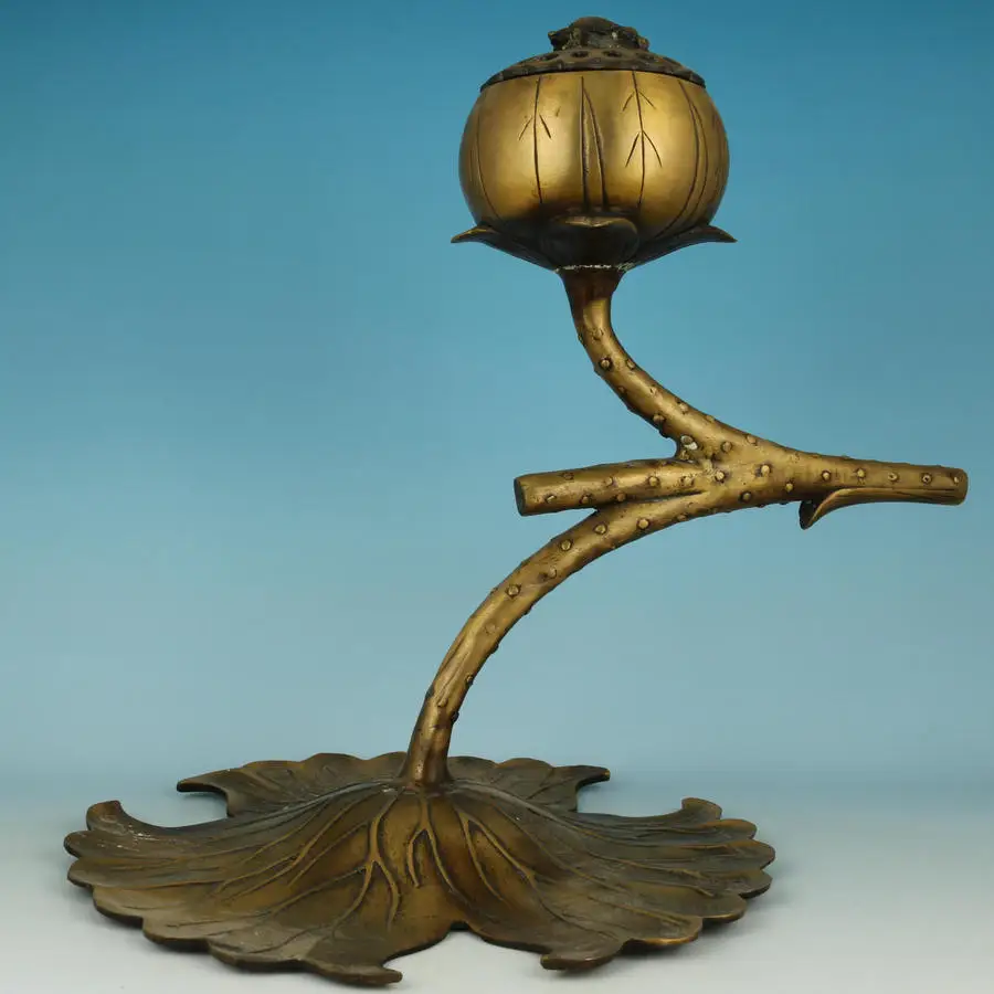 

Noble estatua de bronce antiguo chino hojas de loto Buda quemador de incienso