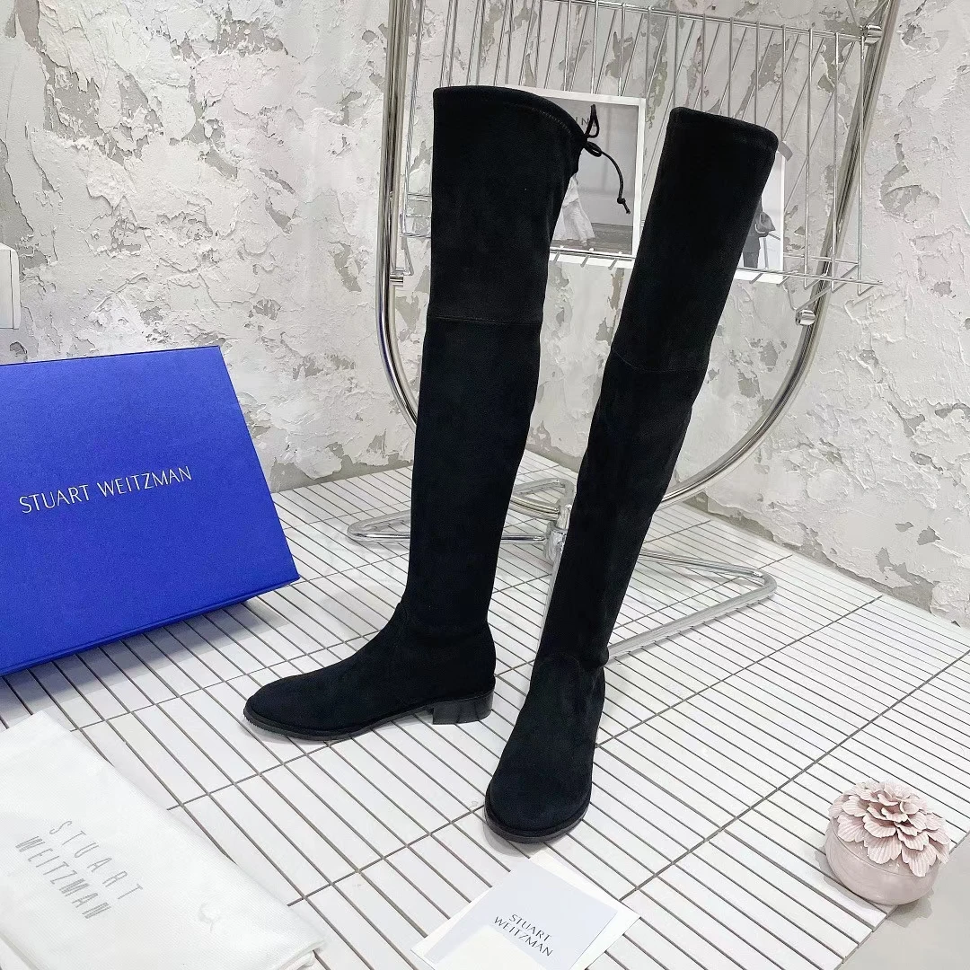 

Black Over-the-knee Stretch Boots Real Leather New Women Shoes Heel Flat Flok Thigh High Boots Chaussures Femelles Botas Mujer