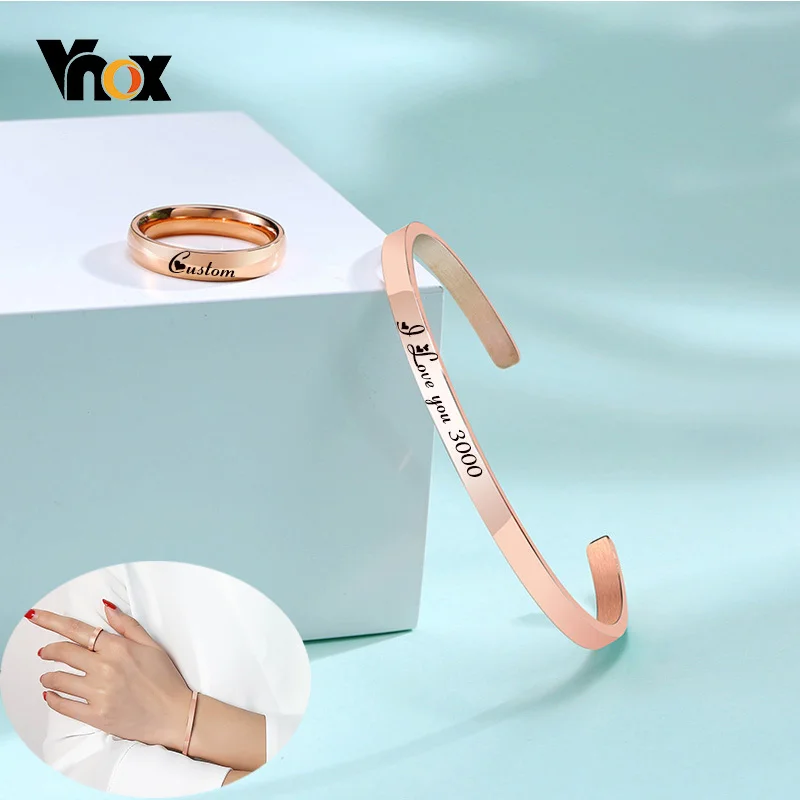 

Vnox Free Personalize Engrave Elegant Pink Gold Color Cuff Bangle Bracelet and Ring Jewelry Sets for Women Custom Gifts Jewelry