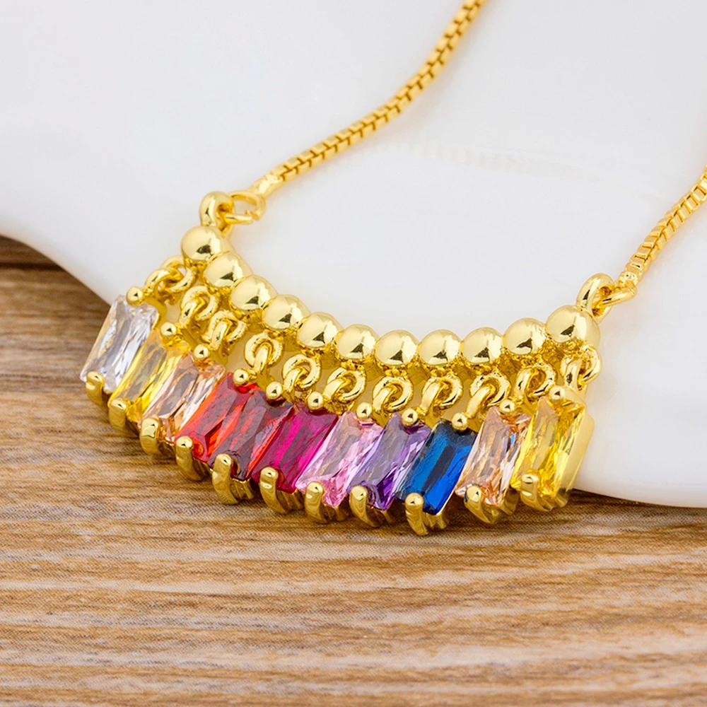 

AIBEF Delicate Fashion Gold Color Charm Chain Cubic Zirconia Rainbow Pendant Necklace Jewelry For Women Girl Statement Necklace