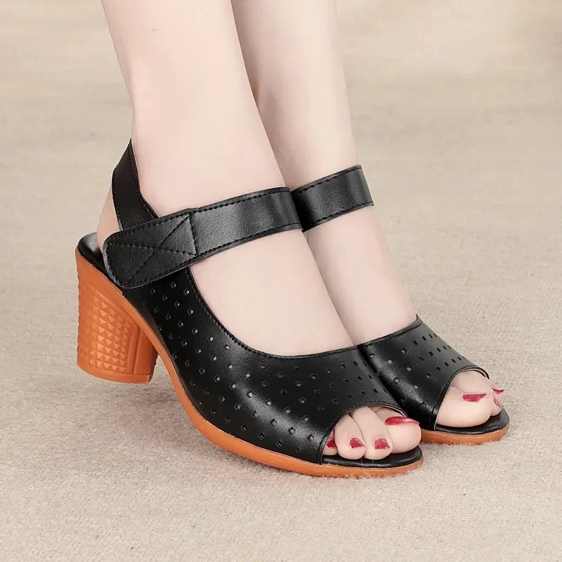 

Thick Block Heel Sandals Women Summer Dressy Shoes Open Toe Laides Sandals With Mid Heels Black Hollow Out Womens Sandal Heels