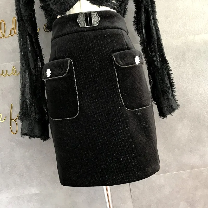 

skirt girl winter thickening of tall waist elastic handbags hip skirt black professional ShanZuan pocket bag hip skirt