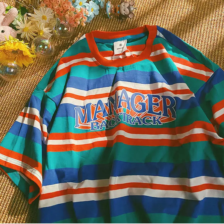 

Summer 2021 New Retro Striped Letter Printed Short-sleeved Shirt for Men and Women Hong Kong Style Loose Casual Couple Tops