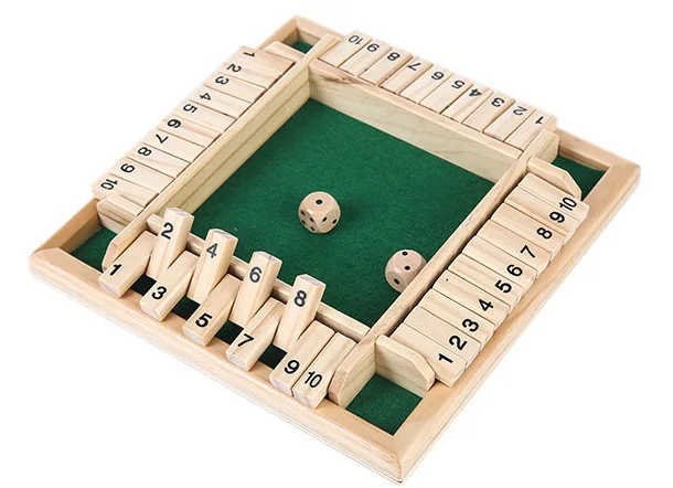 

Shut The Box Dice Board Game 4 Sided 10 Number Wooden Flaps & Dices Game Set for 4 People Pub Bar Party Supplies