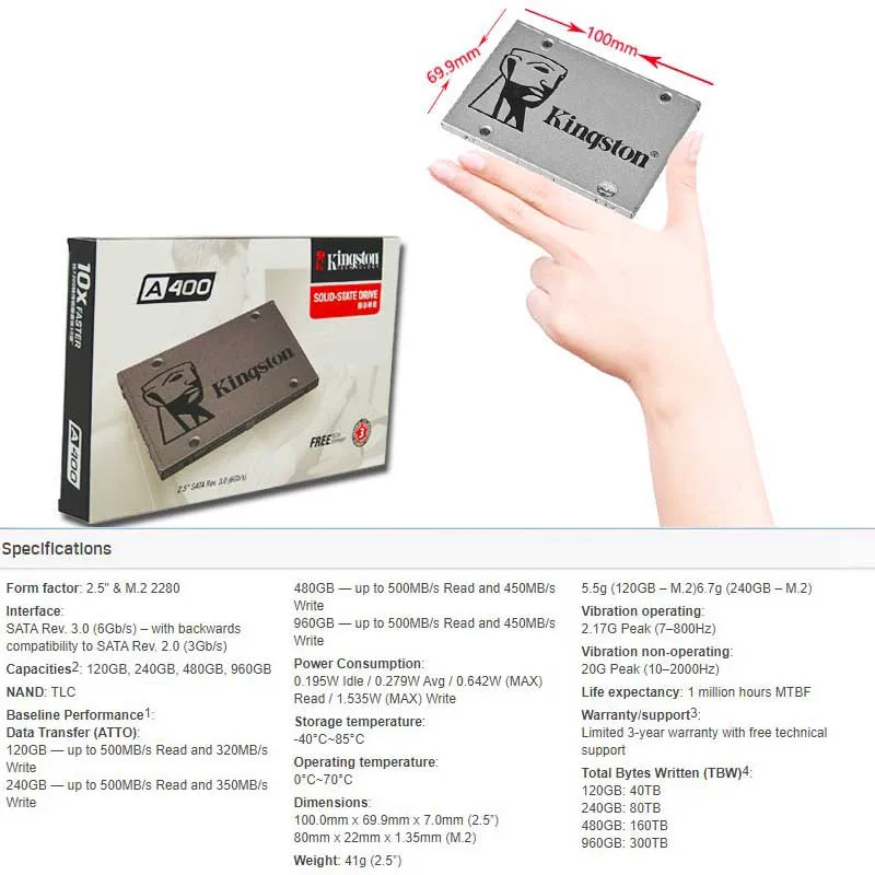 Kingston SSD A400 120GB 240GB 480GB 960GB Внутренний твердотельный накопитель 2,5 2,5 дюйма SATA III HDD жесткий диск для компьютера