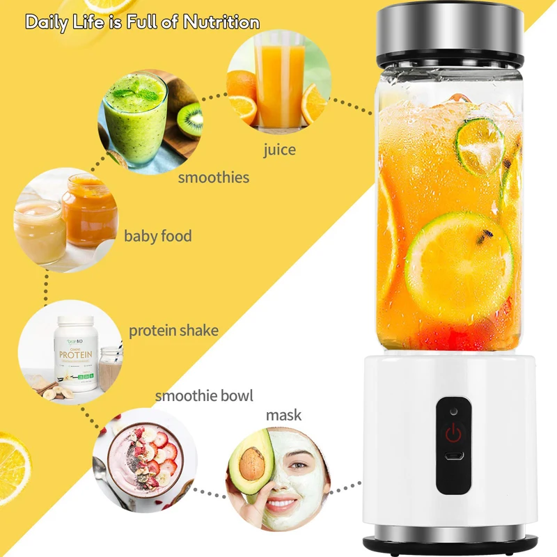 380ml 4000mAh USB Rechargeable Portable Glass Cup Personal Mini Blender Juicer Vegetable Fruit Citrus Orange Juice Maker Mixer