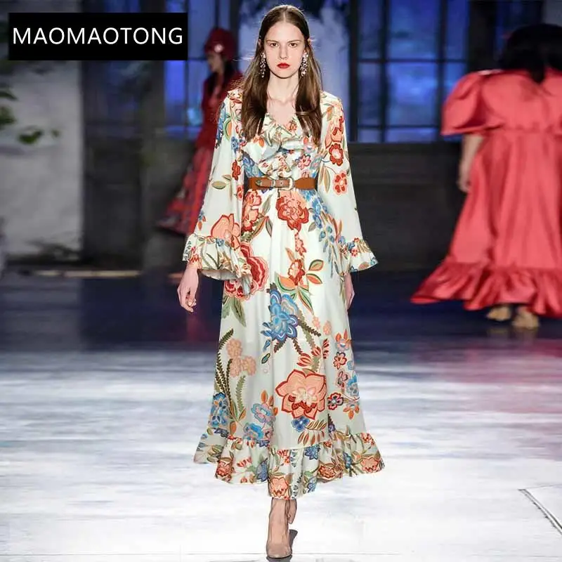 

New 2021 Fashion Runway Summer Vintage Midi Dress Women Loose Flare Sleeve Floral Print Ruffles Elegant Vacation Dress