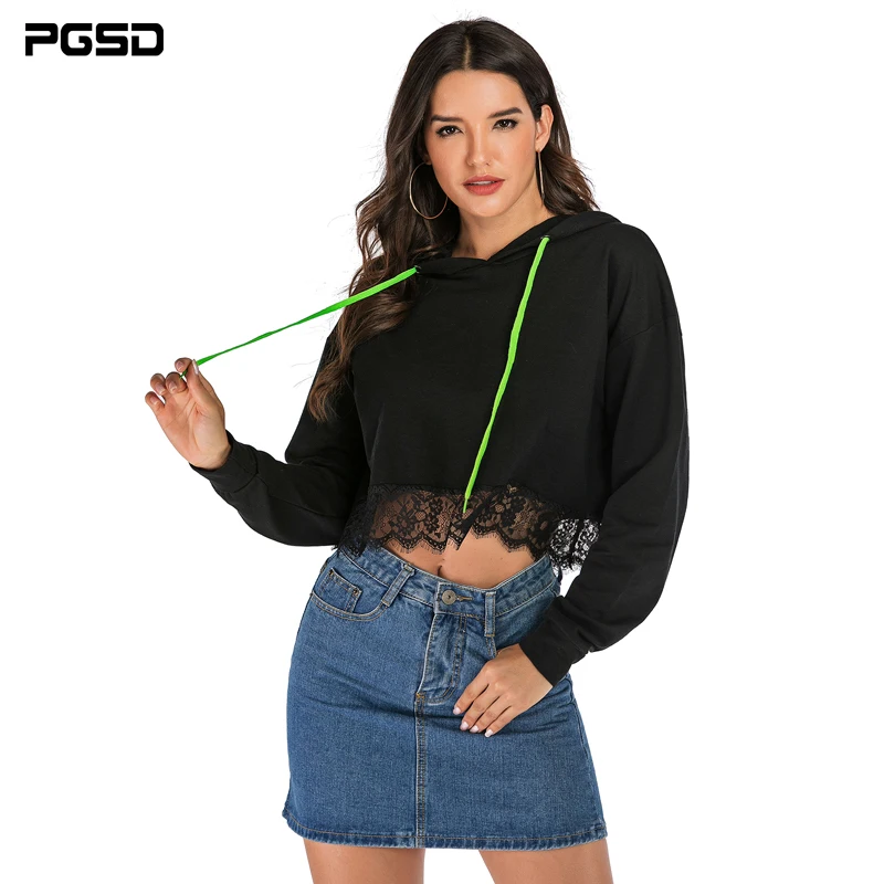 

PGSD Autumn Winter Women Clothes Simple Solid Lace Stitching Short Hoodie Bat Sleeve Loose Sweatshirt Pullover Casual Top Female