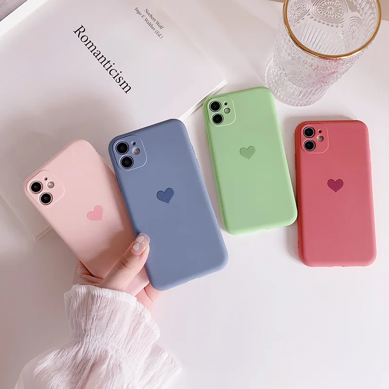 

Korean Solid Candy Color Love Heart Phone Case For iPhone 12 Mini 11 Pro Max XR XsMax 13 7 8Puls Cases Soft Silicone Cover Funda