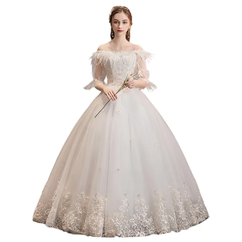 

Vestido De Noiva 2021 Boat Neck Feather Wedding Dress Fashion Lace Embroidery Simple Wedding Gowns Lace Up Princess Bride Dress