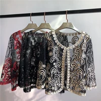 see though summer handmade crochet lace mesh shrug jacket women embroidery cardigan summer party short oversized tops women coat