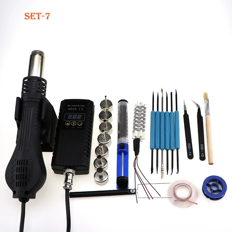 SET-7 Паяльная станция BGA 8858 портативная фена для горячего воздуха 220 В с вилкой ЕС ручная Тепловая пушка со сварочным паяльником Инструменты для ремонта - Цвет: SET-7