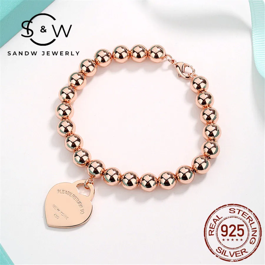 

925 Sterling Silver Love Heart Shaped Bracelet Round Bead Chains Original 1:1 Fashion Jewelry Gift Free Shipping