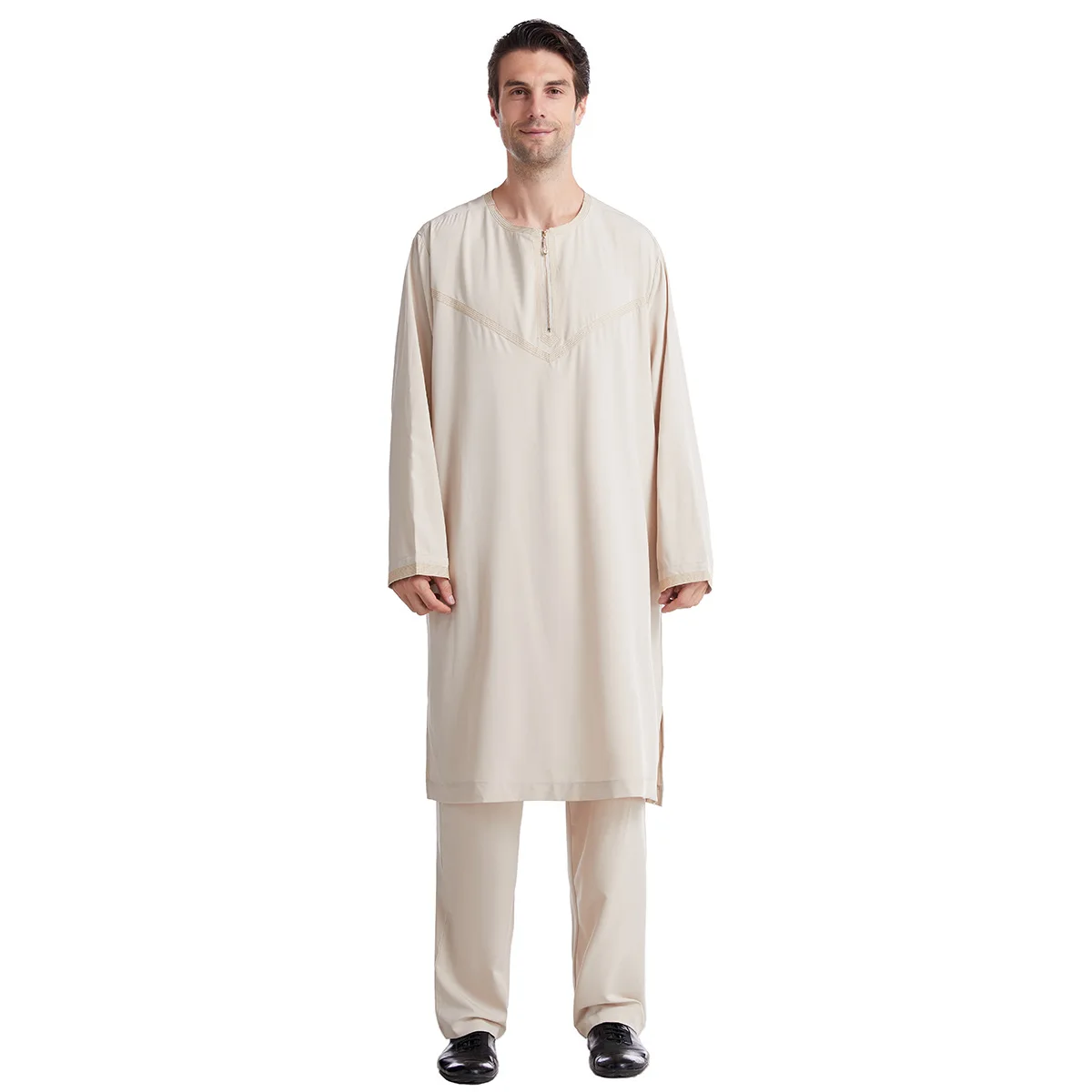 Fashionable Muslim Arab Middle East Embroidered Men's Robe Set Abaya Kaftan Robe Islamic Mosque Ramadan Prayer Top Pants Set