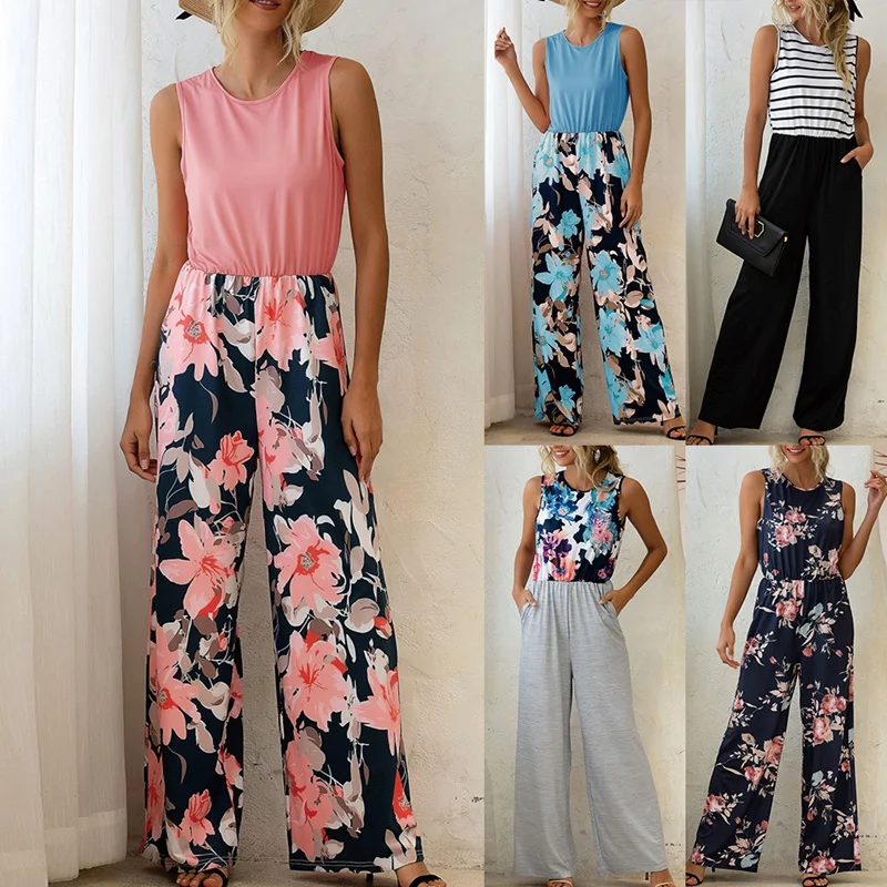 

Women Round Neck Printed Vest Fashion Loose Jumpsuit Romper