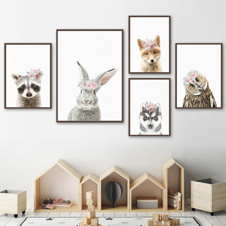 

Wall Pictures Baby Girl Room Decor Flower Rabbit Fox Bear Raccoon Husky Owl Nursery Wall Art Print Canvas Painting Nordic Poster