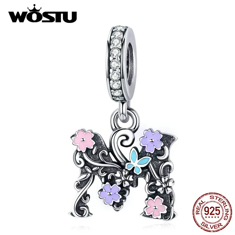 WOSTU Стерлинговое Серебро 925 пробы алфавит болтается шарм цветок буква а м бусины