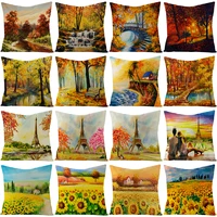retro country scenic cushion cover autumn maple leaf sunflower pillow cover home sofa decor iron tower yellow car pillow case