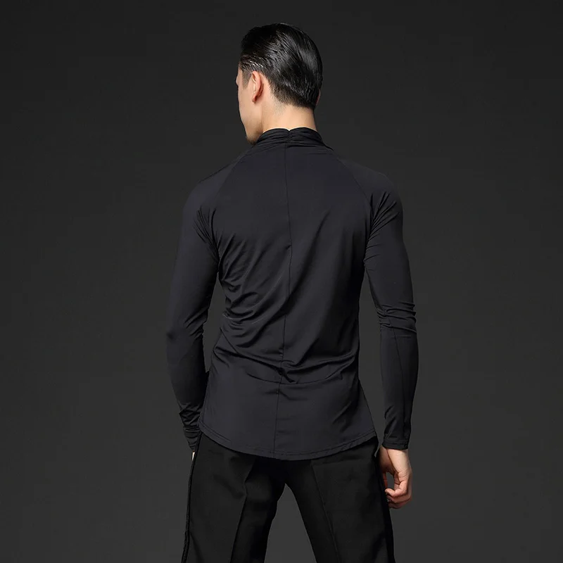 

Men Latin Dance Tops Black Long Sleeve V-Neck Split Shirts Male Latin Dance Costumes Performance Practice Dance Clothes DQS6185