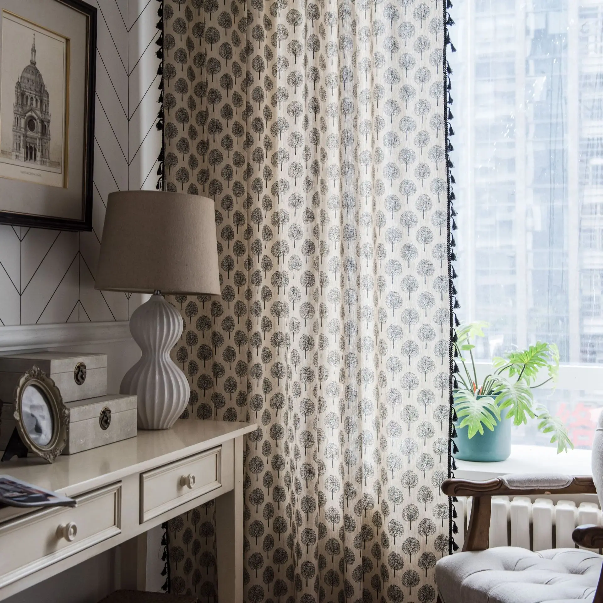 Занавеска-перегородка из хлопка и льна с кисточками полузатенение | Дом сад