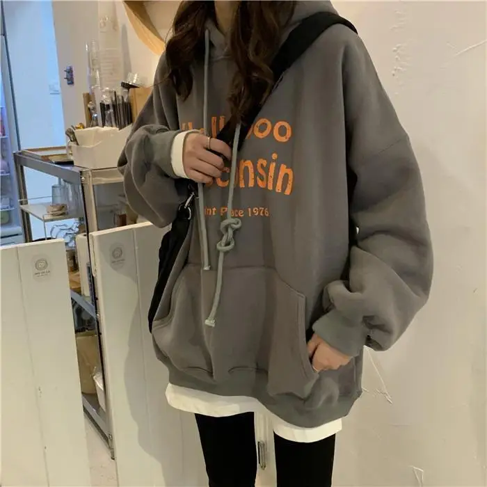

2020 Autumn Winter Hoodies Women Korean Letter Red Fashion Plush Thickening Lazy Style Loose Hooded Pullover Women Sweatshirt