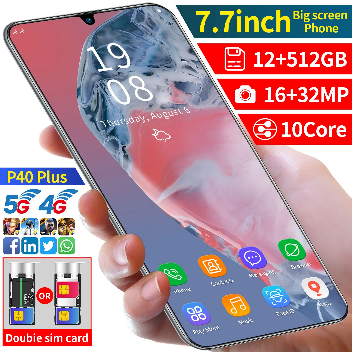 Tel&eacute;fono Inteligente 5G P40 Pro, pantalla de 7,5 pulgadas, 512GB + 12GB, SIM Dual, Bater&iacute;a grande de 6800mAh, c&aacute;mara HD de 16 + 32MP, 4G, 5G, 2021-0