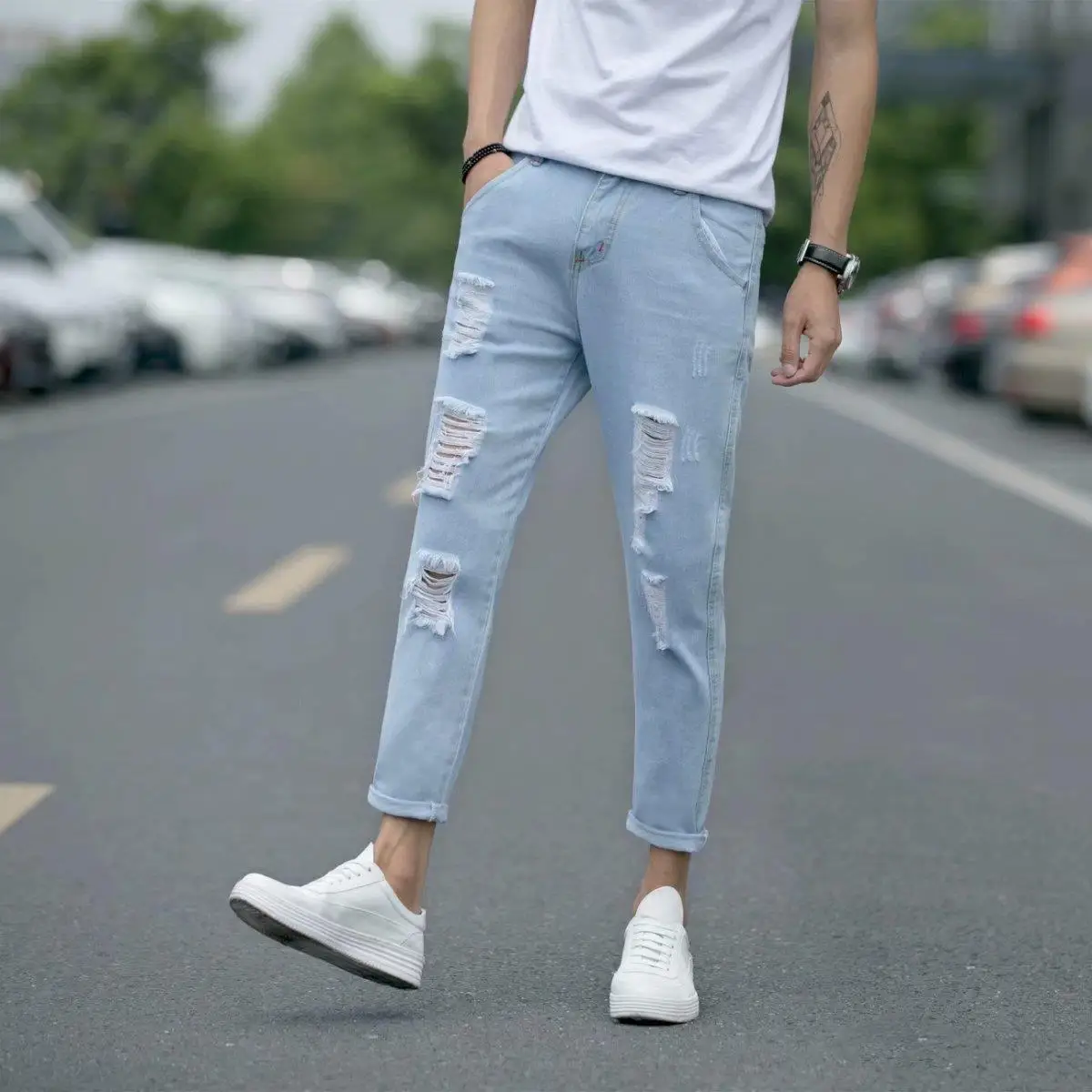 

Summer Thin Cropped Jeans Men 's Jogger Pants Korean Stretch Slim -Fitting Ankle Length Trousers