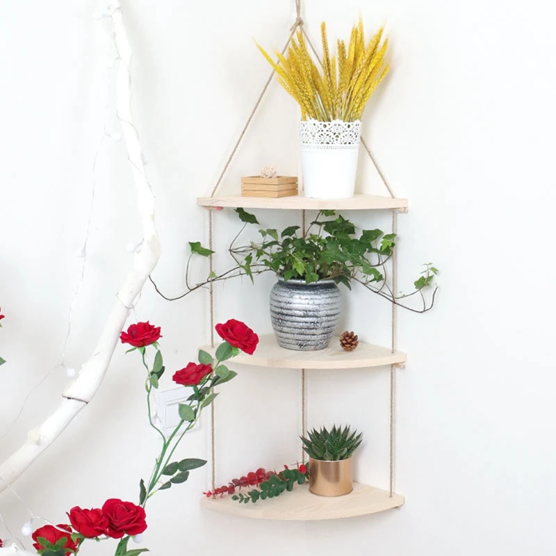 Деревянная подвесная полка угловая полки для ванной с веревкой домашнего