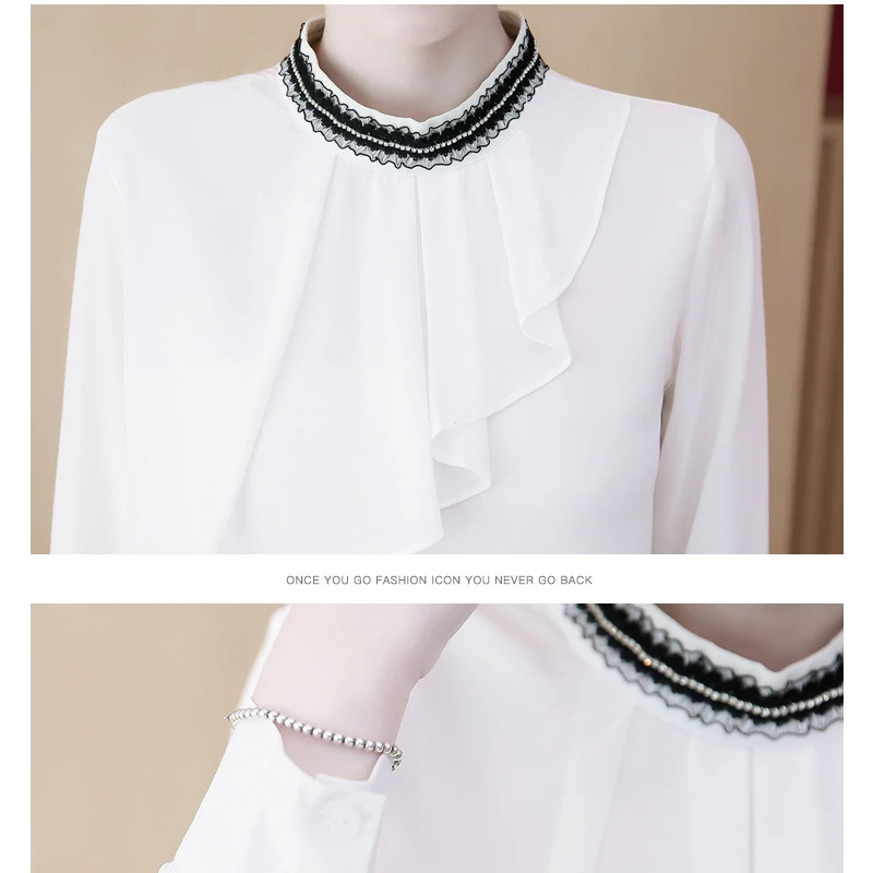 

2021 Autumn Lace Stand Collar Solid Women Blouse Shirt OL Ruffles Long Sleeve Chiffon Blouses Women Black White Tops 6560 50