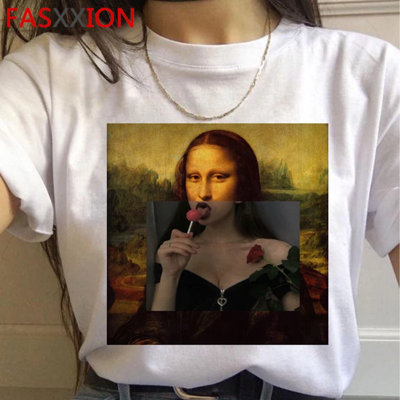 Mona Lisa Эстетическая забавная мультяшная футболка для женщин гранж Винтаж 90s