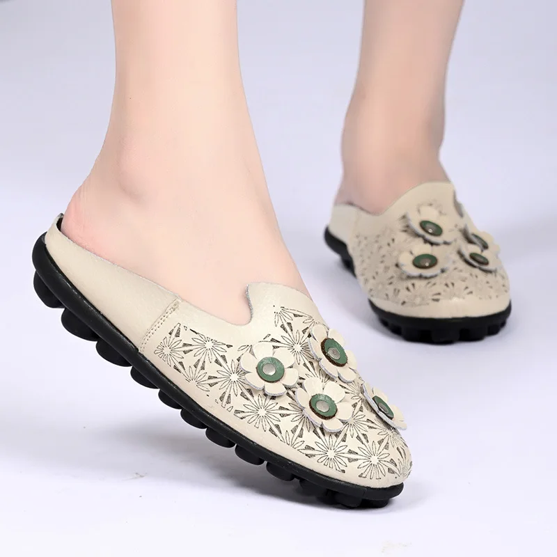 

Тапки женские кожаные, плоская подошва, без застежки, мягкие полутапочки, корейский стиль