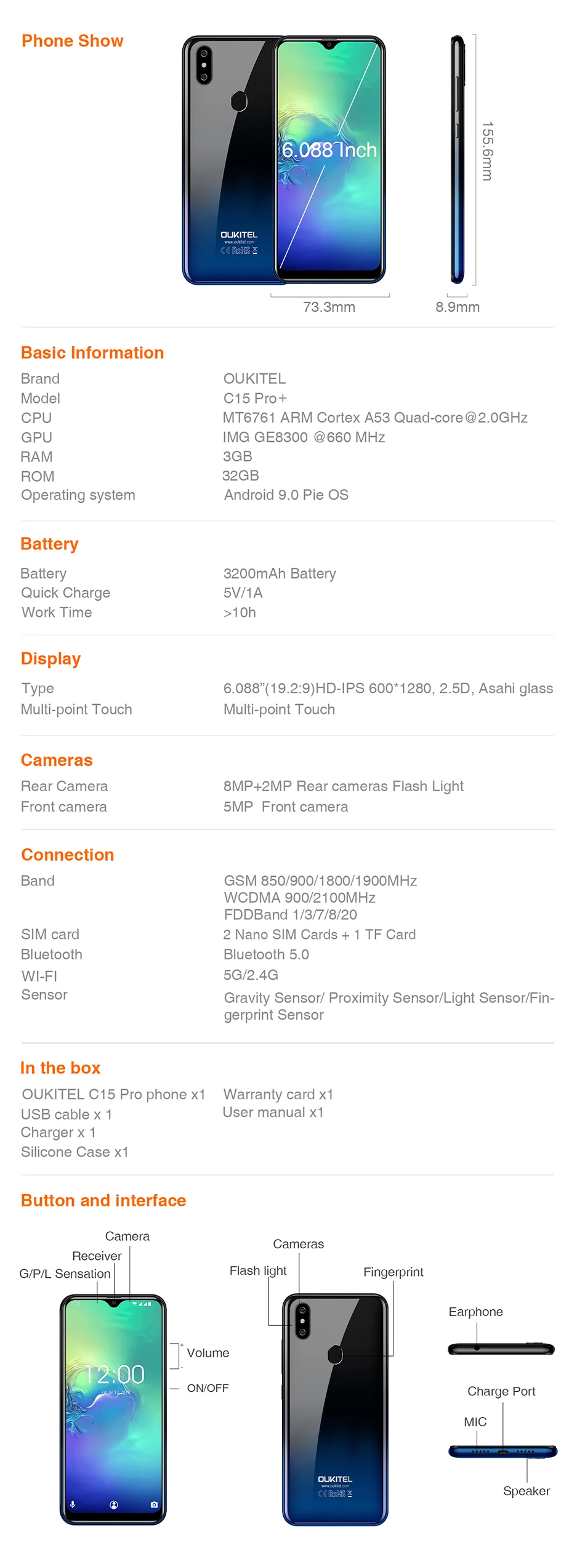 Мобильный телефон OUKITEL C15 Pro 6,088 ''MT6761 2GB+ 16 GB/3 GB+ 32 GB, отпечаток пальца, распознавание лица, 4G смартфон 2,4G/5G, WiFi, экран капли воды