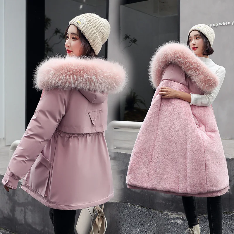 2022 Winter Fleece Parka Coat Plus Cashmere Drawstring Waist Cotton Down Padded Jacket Fur Collar Hooded Fur Thick Warm Outwear