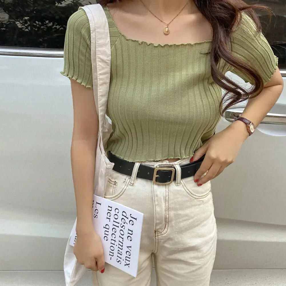 

Women's Cropped Tops One-shoulder Short-sleeved T-shirts Tops Sweaters Street Nine-point Casual Bottoming Short-sleeved V5y0