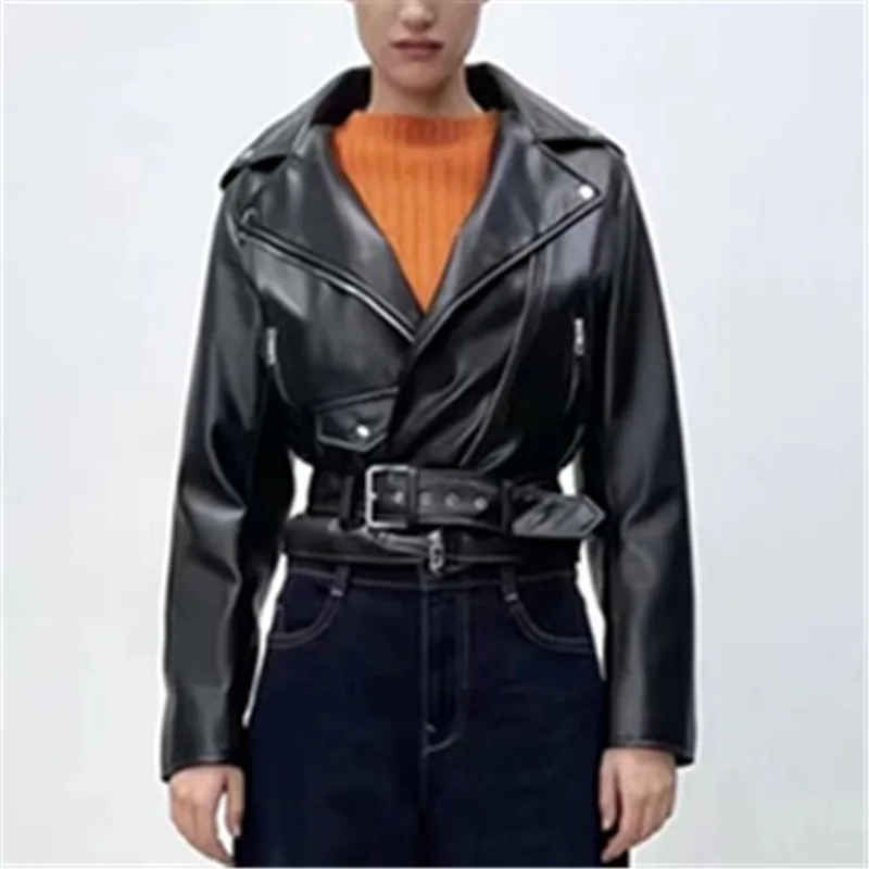 

2022 spring new women's lapel long-sleeved belt with zipper faux leather motorcycle jacket short jacket