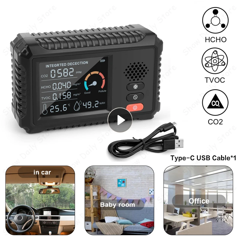 

5 In1 CO2 Meter Digital Air Quality Monitor Temperature Humidity Sensor Tester Carbon Dioxide O2 TVOC Formaldehyde HCHO Detector