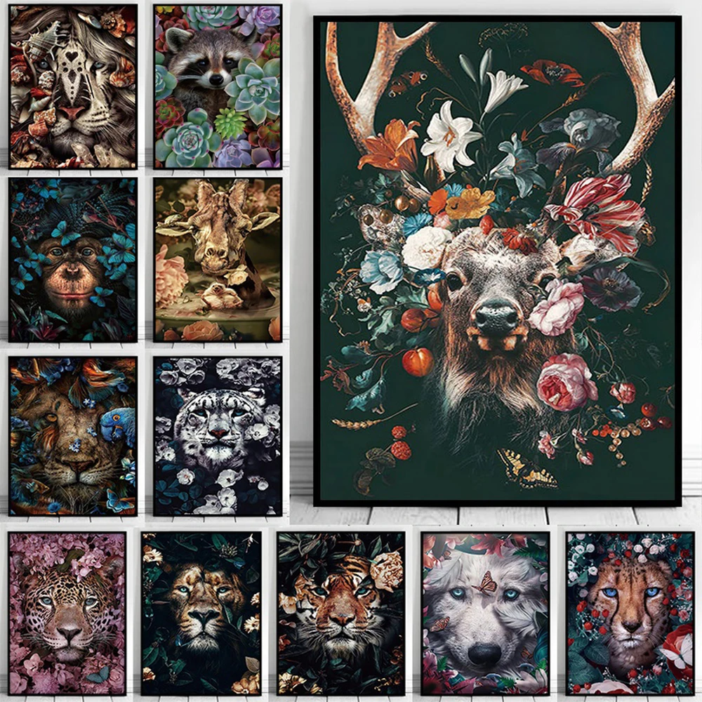 

Nordic Modern Flowers And Animals Canvas Wall Art Decorative Abstract Lion Tiger Deer Posters And Prints Picture For Home Decor