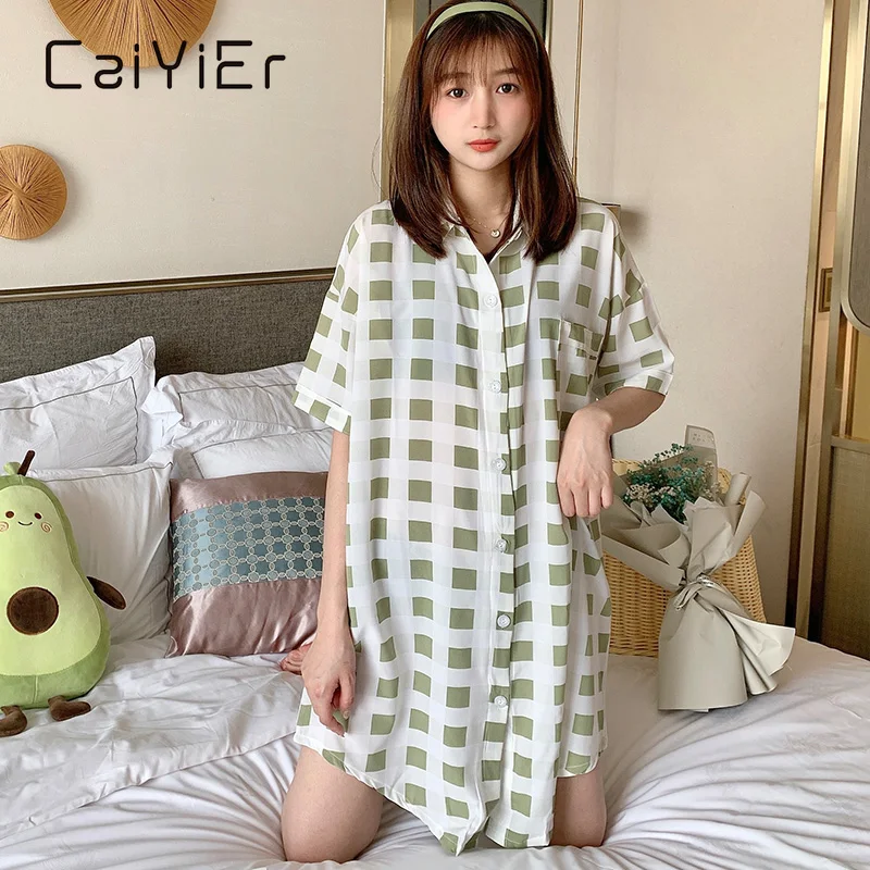 CAIYIER Sexy Thin Pyjamas Night Dress for Women Short-Sleeved Grid Print Nightgown Summer Lapel Leisure Midi Pattern Night Skirt