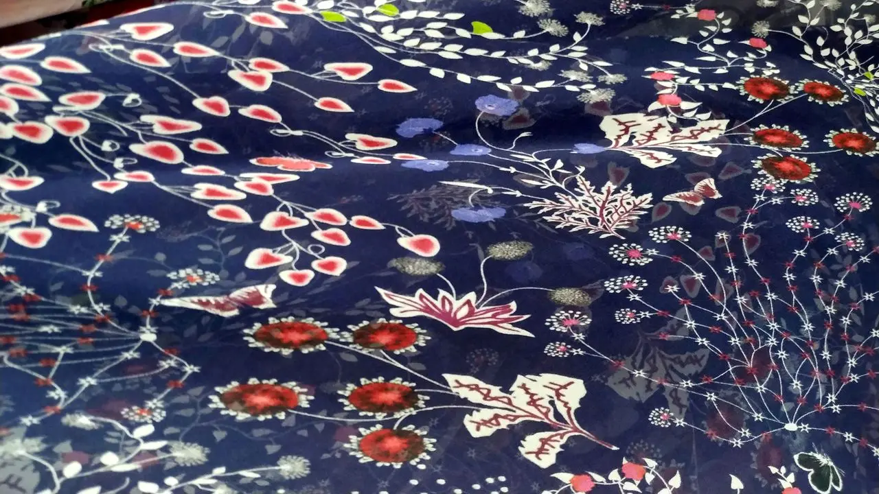 

Bamboo Flowers Printed Blue 100% Silk Fabric Summer Women Parent-child crepe georgette Fabrics Cloth for Dress Sewing Per Meter