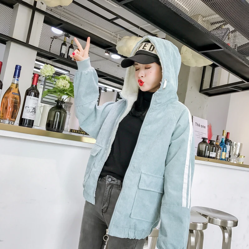 

New 2020 Autumn Winter Women corduroy Denim Jacket Female Warm Outerwear Hooded High Street Fashionable Korean Style Chic Tops