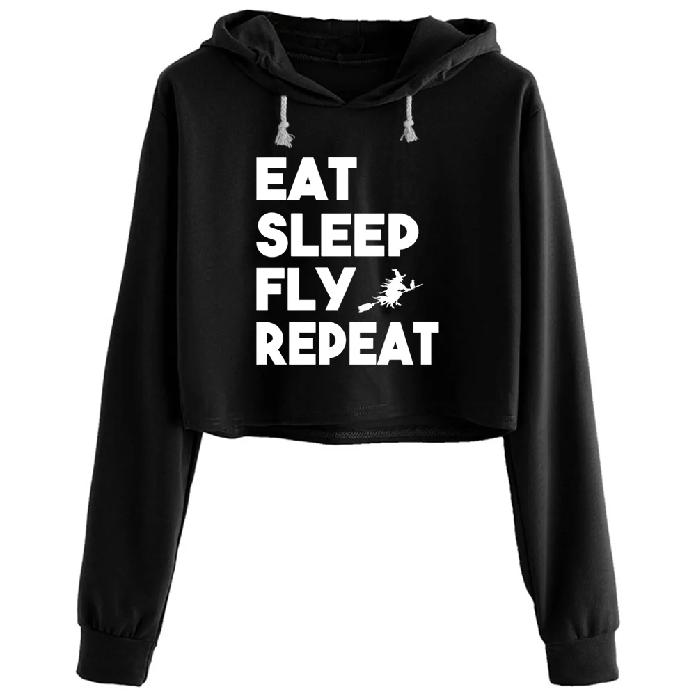 

Забавные укороченные толстовки с надписью «Eat Sleep Fly Repeat Witch», Женский пуловер в стиле гранж, Харадзюку, аниме, эмо, для девочек