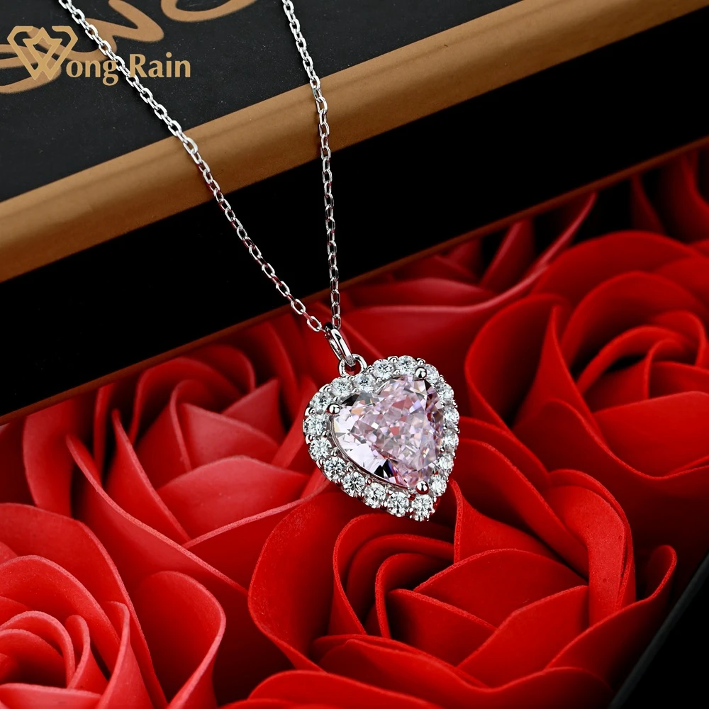 

Wong Rain 925 Sterling Silver Love Heart Pink Sapphire Created Moissanite Gemstone Party Romantic Pendant Necklace Fine Jewelry