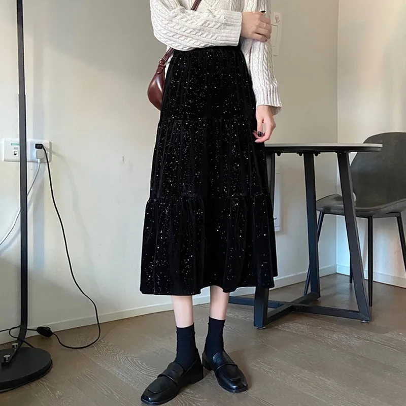 

New high-waist A-line skirt thick shiny velvet skirt autumn and winter women's mid-length temperament black large swing skirt